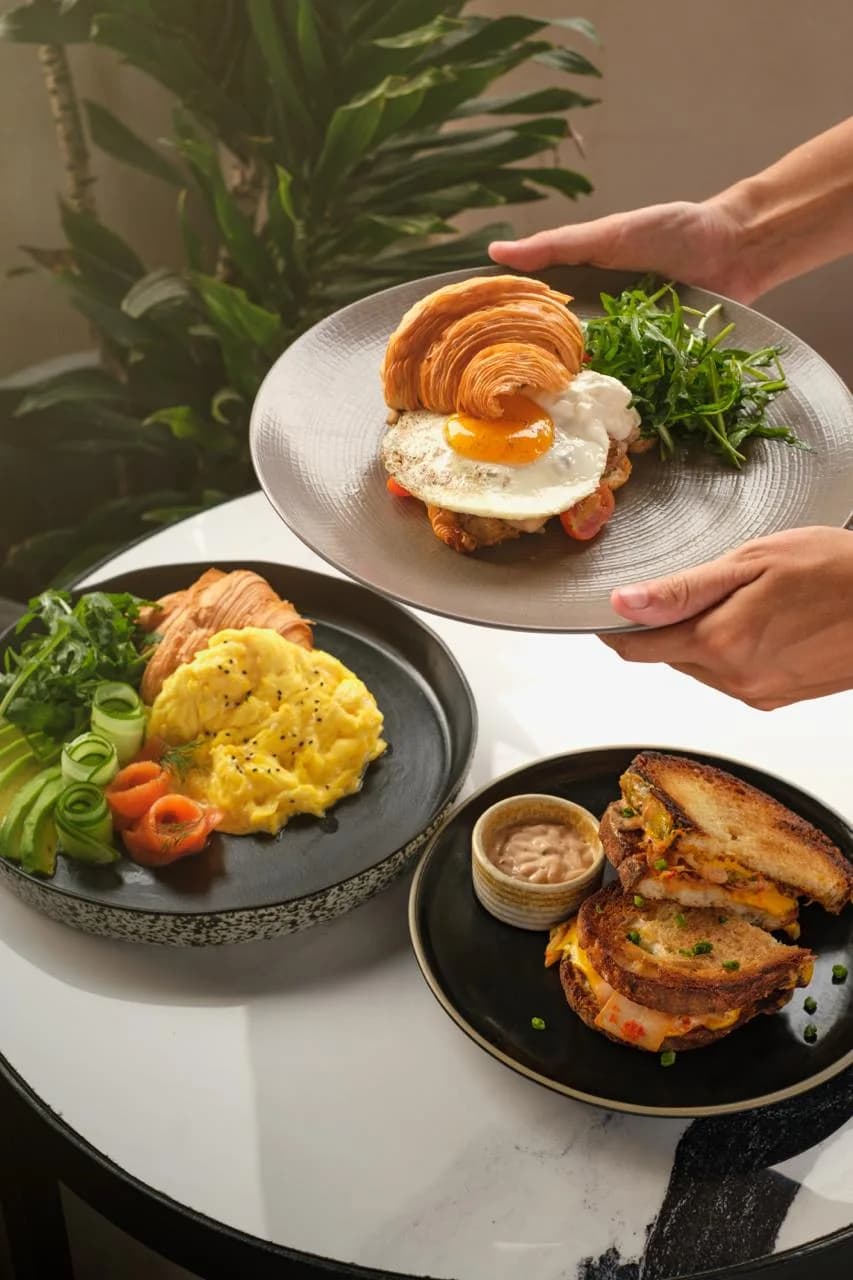 Breakfast with croissant and eggs